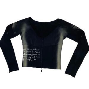 Y2k Blue Collection Black Graphic Printed V Neck Cropped Sweatshirt